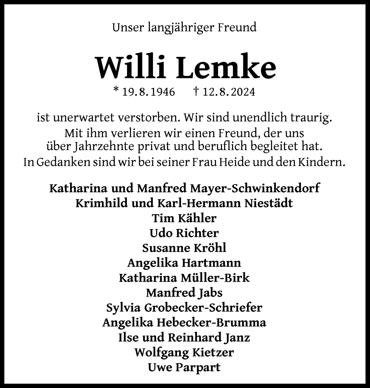 Traueranzeige von Willi Lemke von WESER-KURIER