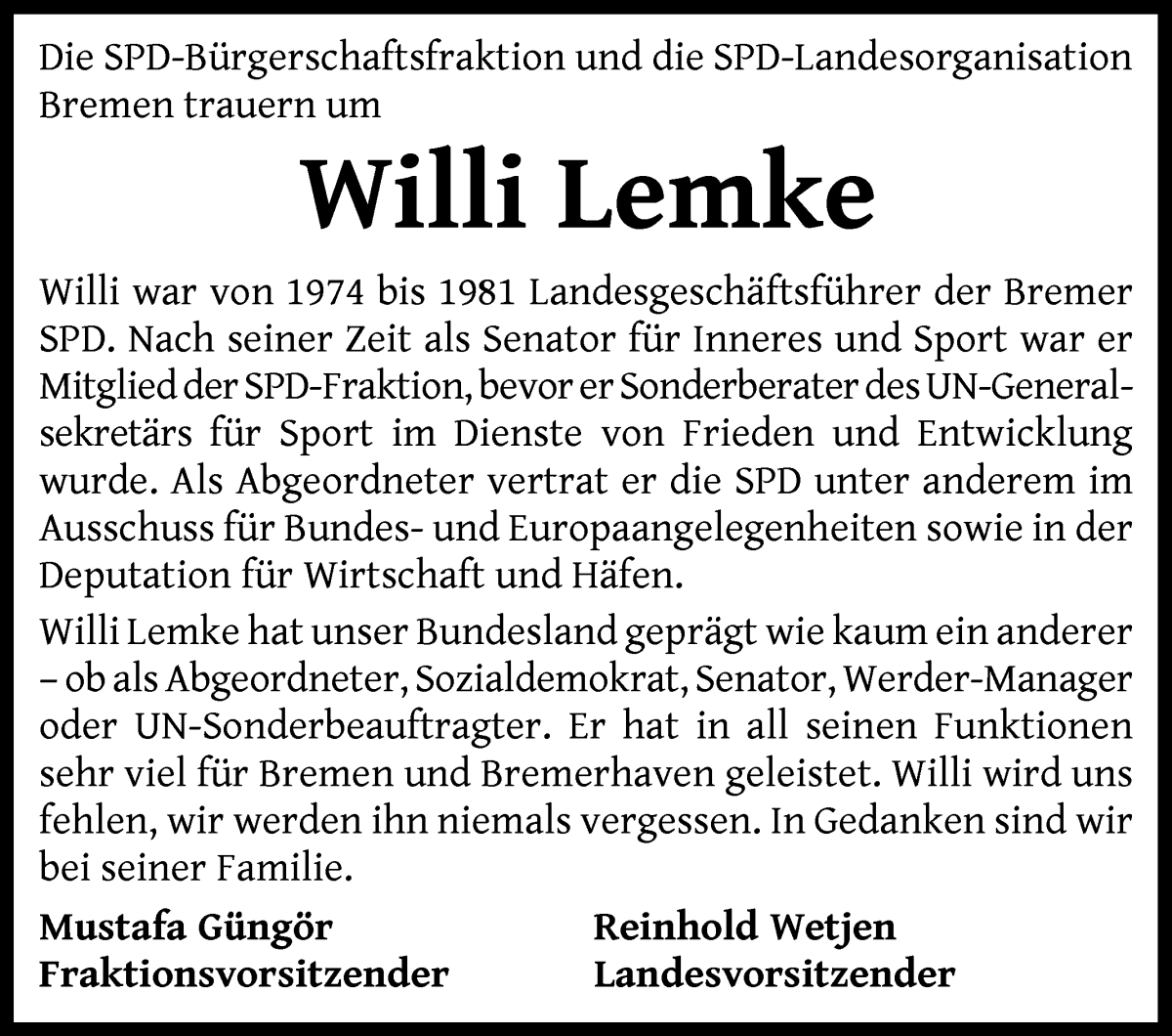  Traueranzeige für Willi Lemke vom 17.08.2024 aus WESER-KURIER