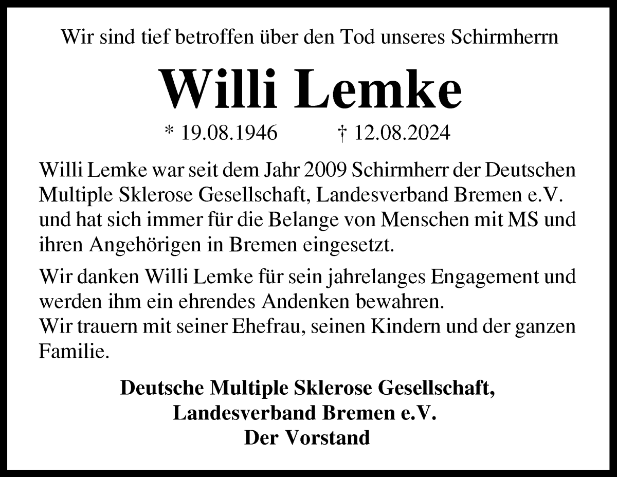  Traueranzeige für Willi Lemke vom 17.08.2024 aus WESER-KURIER