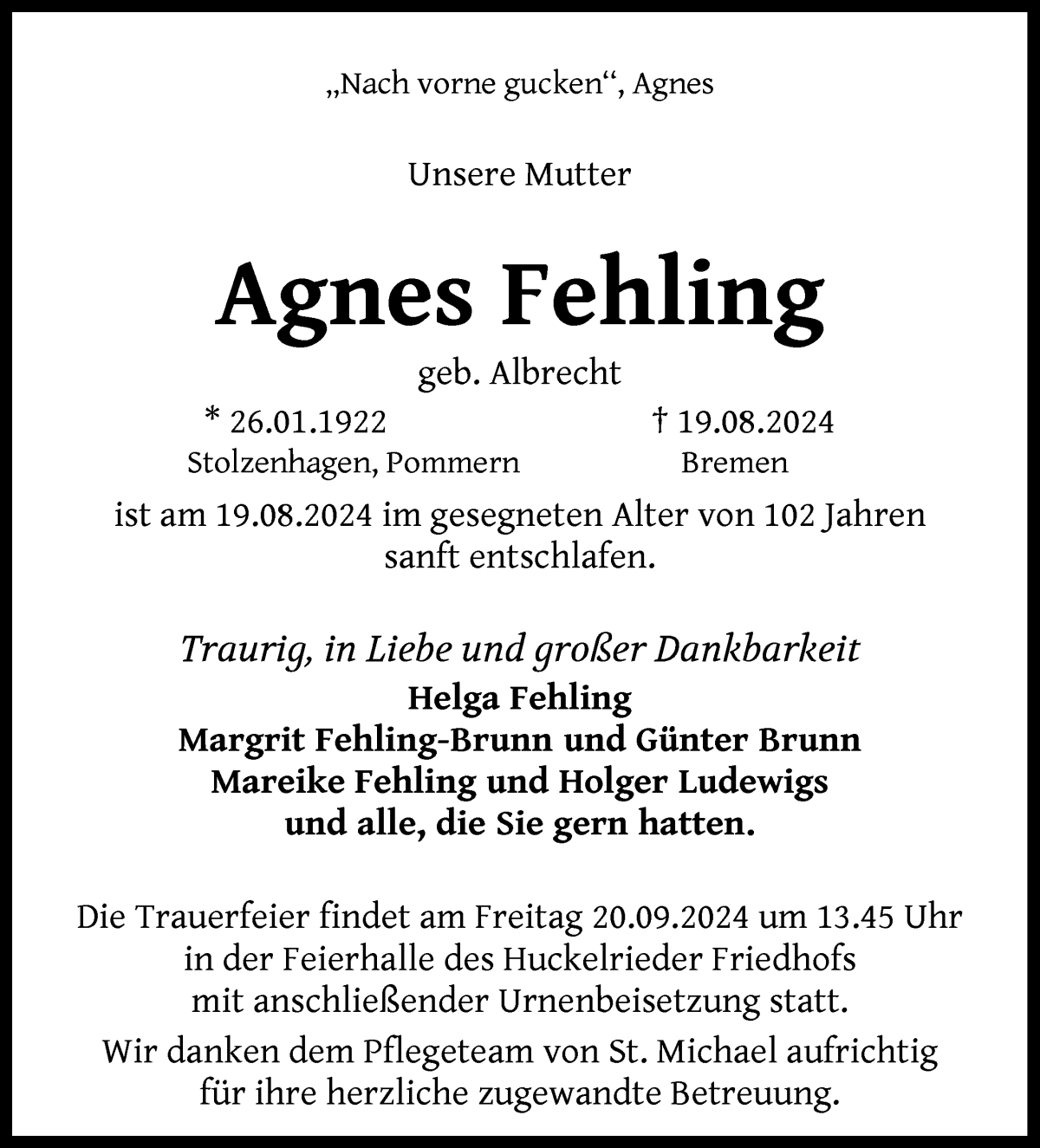 Traueranzeige von Agnes Fehling von WESER-KURIER