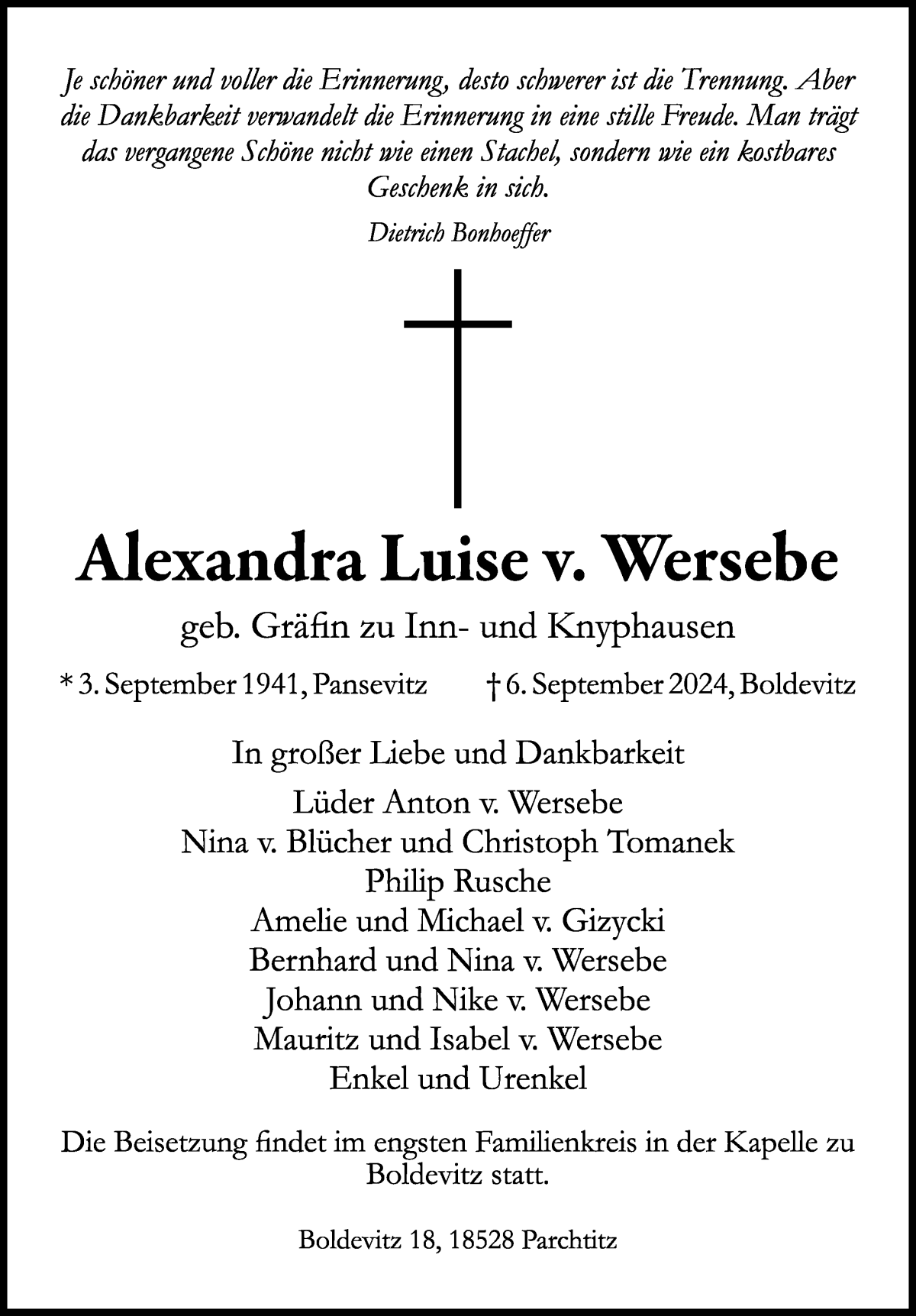 Traueranzeige von Alexandra Luise v. Wersebe von Die Norddeutsche