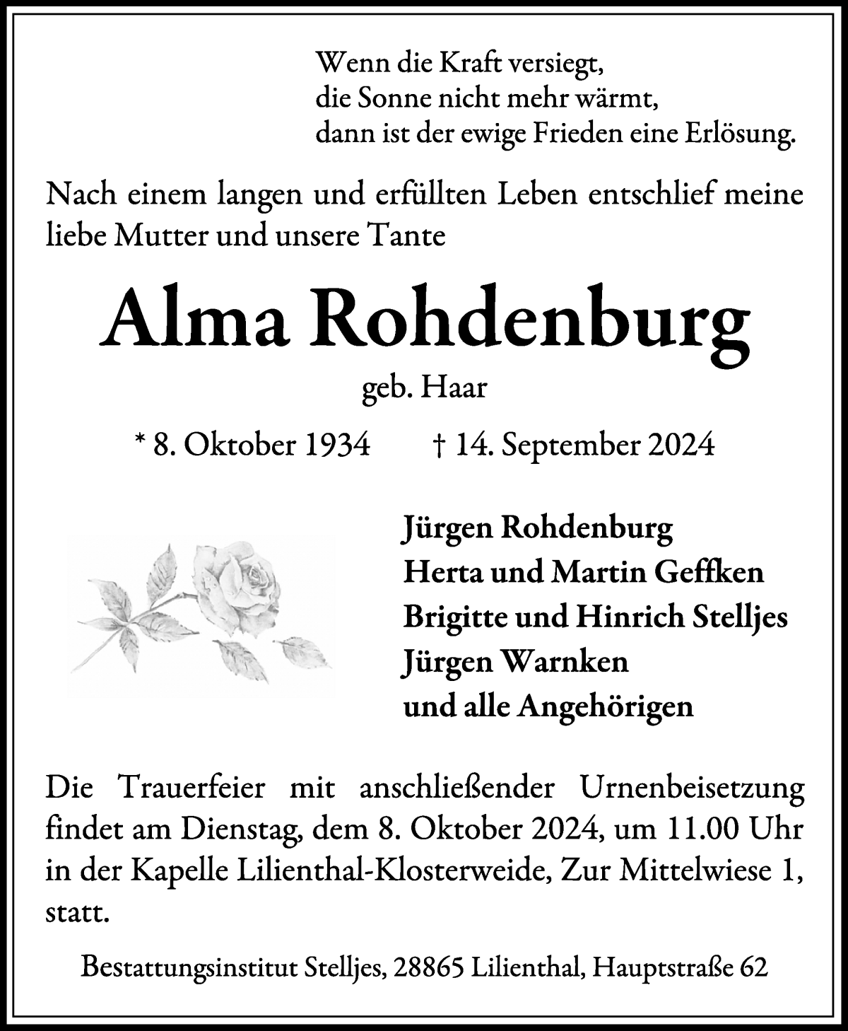 Traueranzeige von Alma Rohdenburg von Wuemme Zeitung