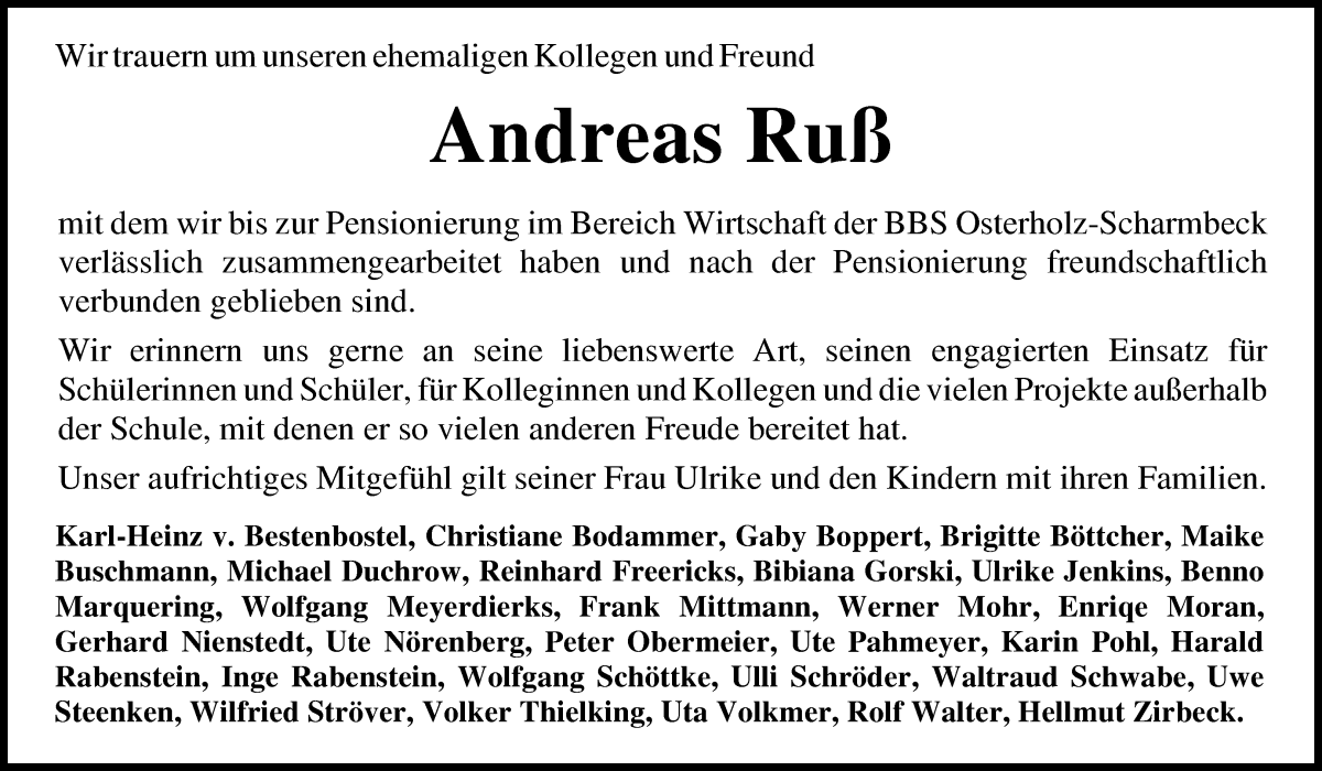 Traueranzeige von Andreas Ruß von Osterholzer Kreisblatt