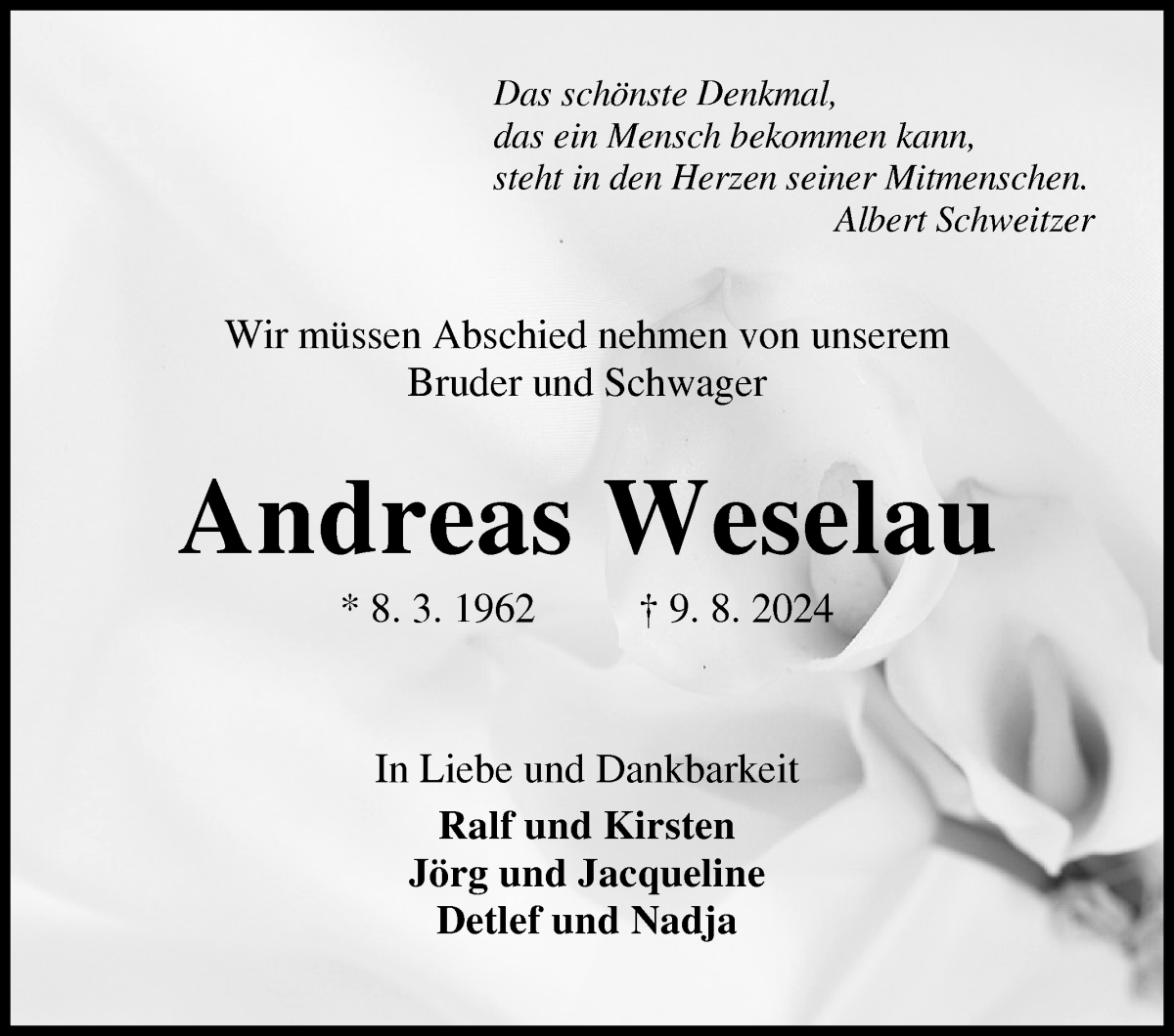 Traueranzeige von Andreas Weselau von Osterholzer Kreisblatt