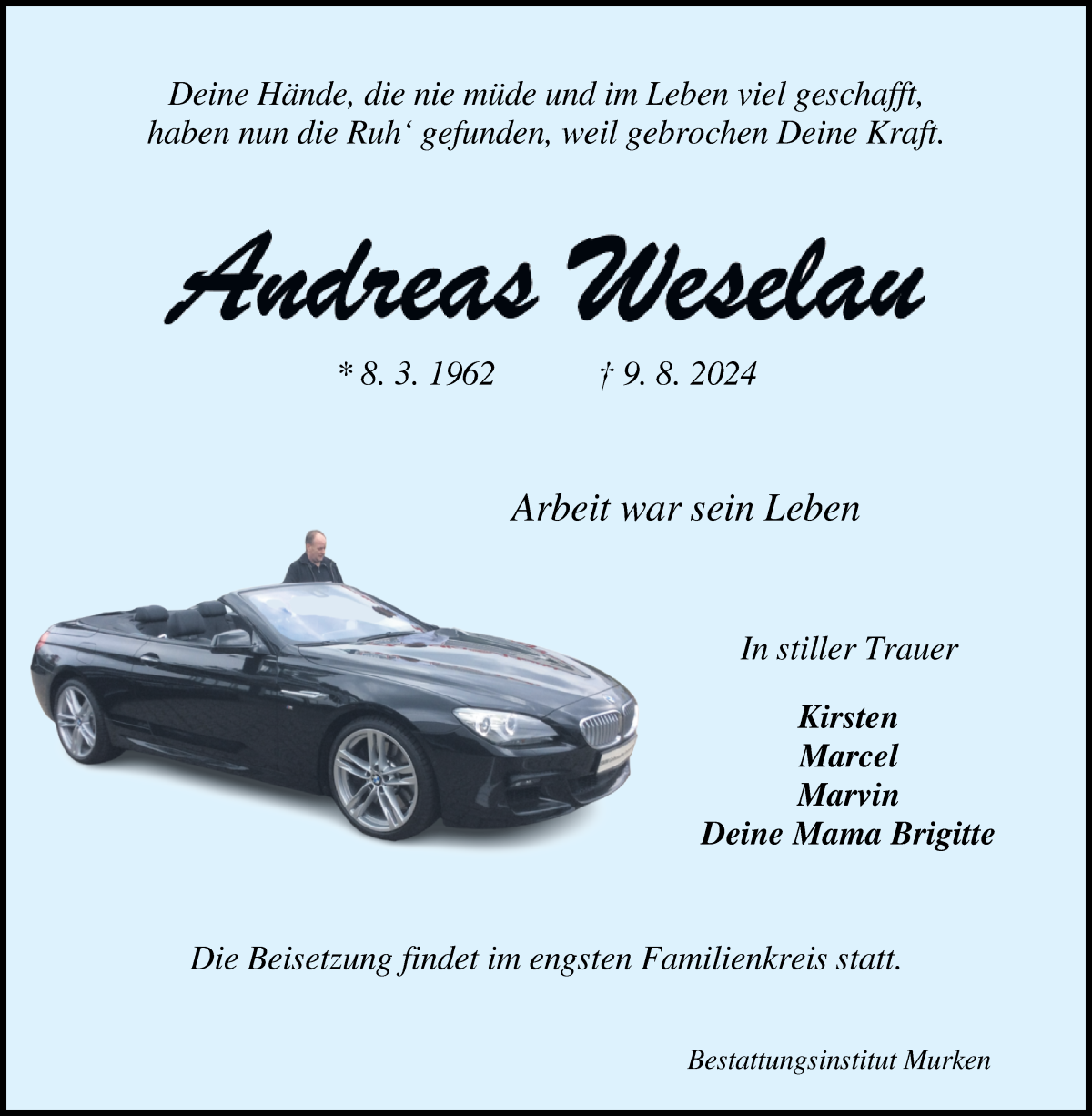 Traueranzeige von Andreas Weselau von Osterholzer Kreisblatt