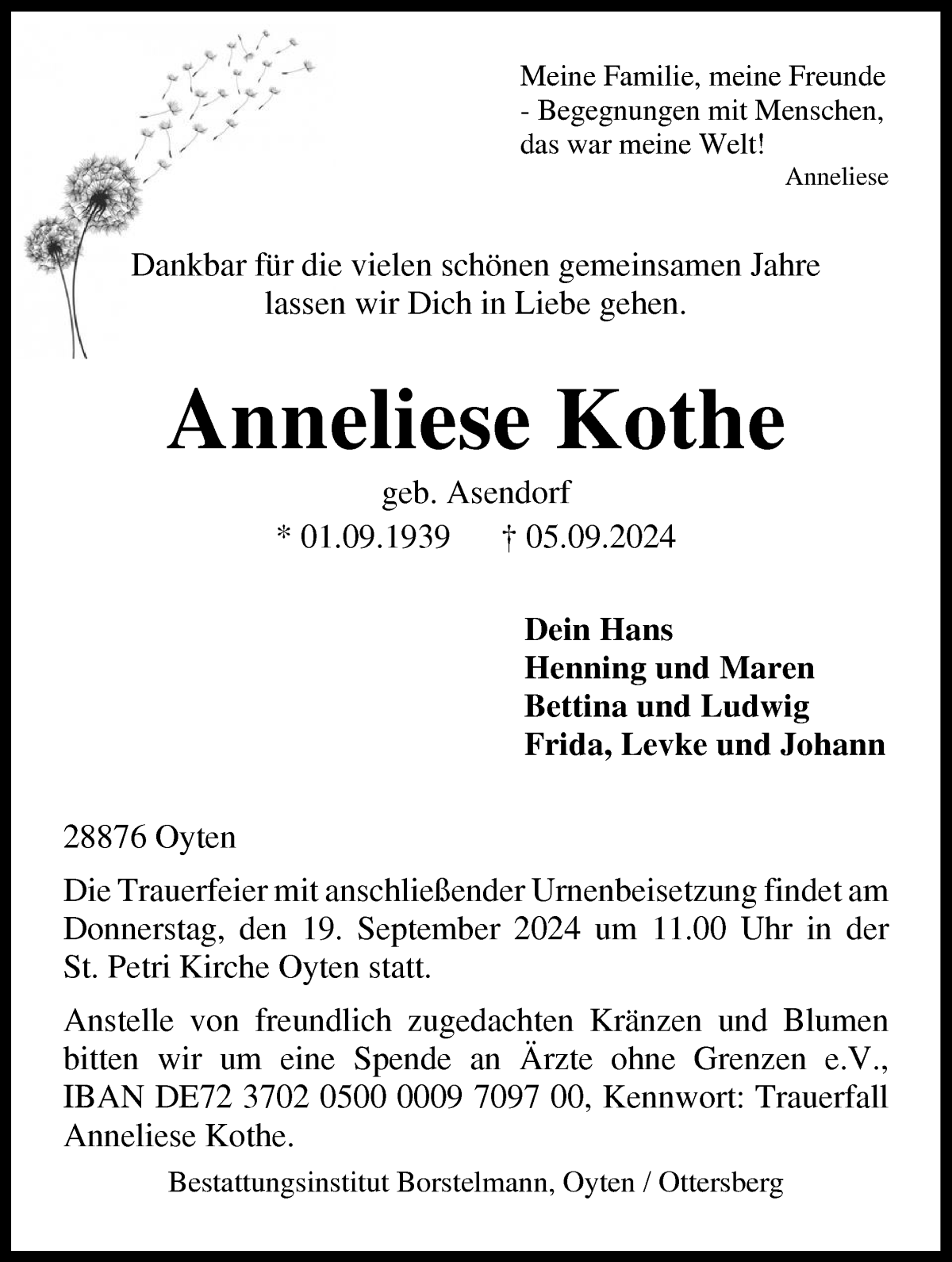 Traueranzeige von Anneliese Kothe von WESER-KURIER