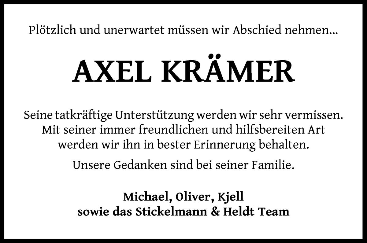  Traueranzeige für Axel Krämer vom 14.09.2024 aus WESER-KURIER