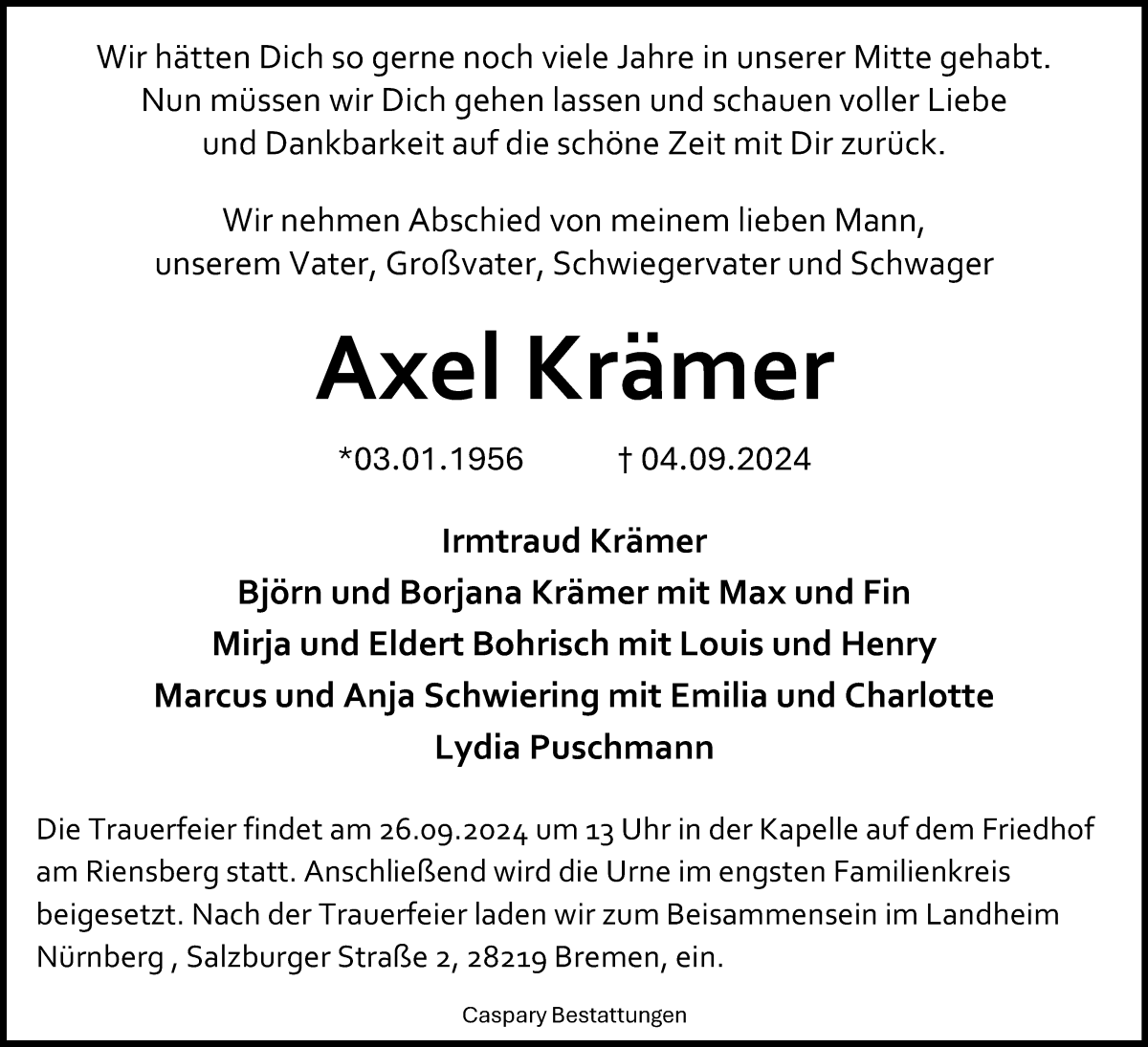  Traueranzeige für Axel Krämer vom 14.09.2024 aus WESER-KURIER