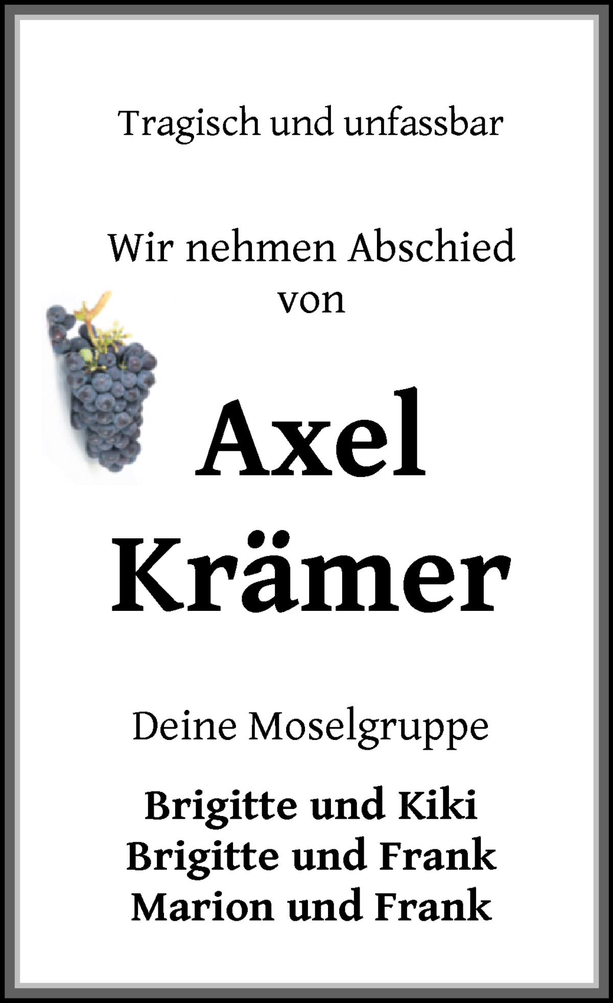  Traueranzeige für Axel Krämer vom 14.09.2024 aus WESER-KURIER