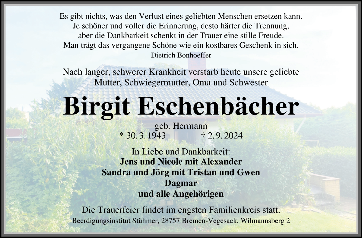 Traueranzeige von Birgit Eschenbächer von Die Norddeutsche