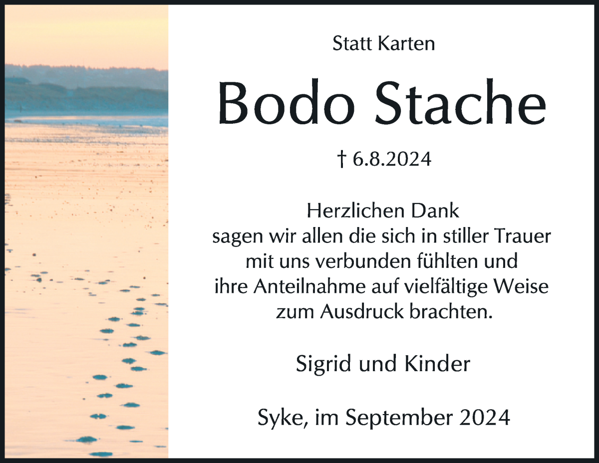 Traueranzeige von Bodo Stache von WESER-KURIER