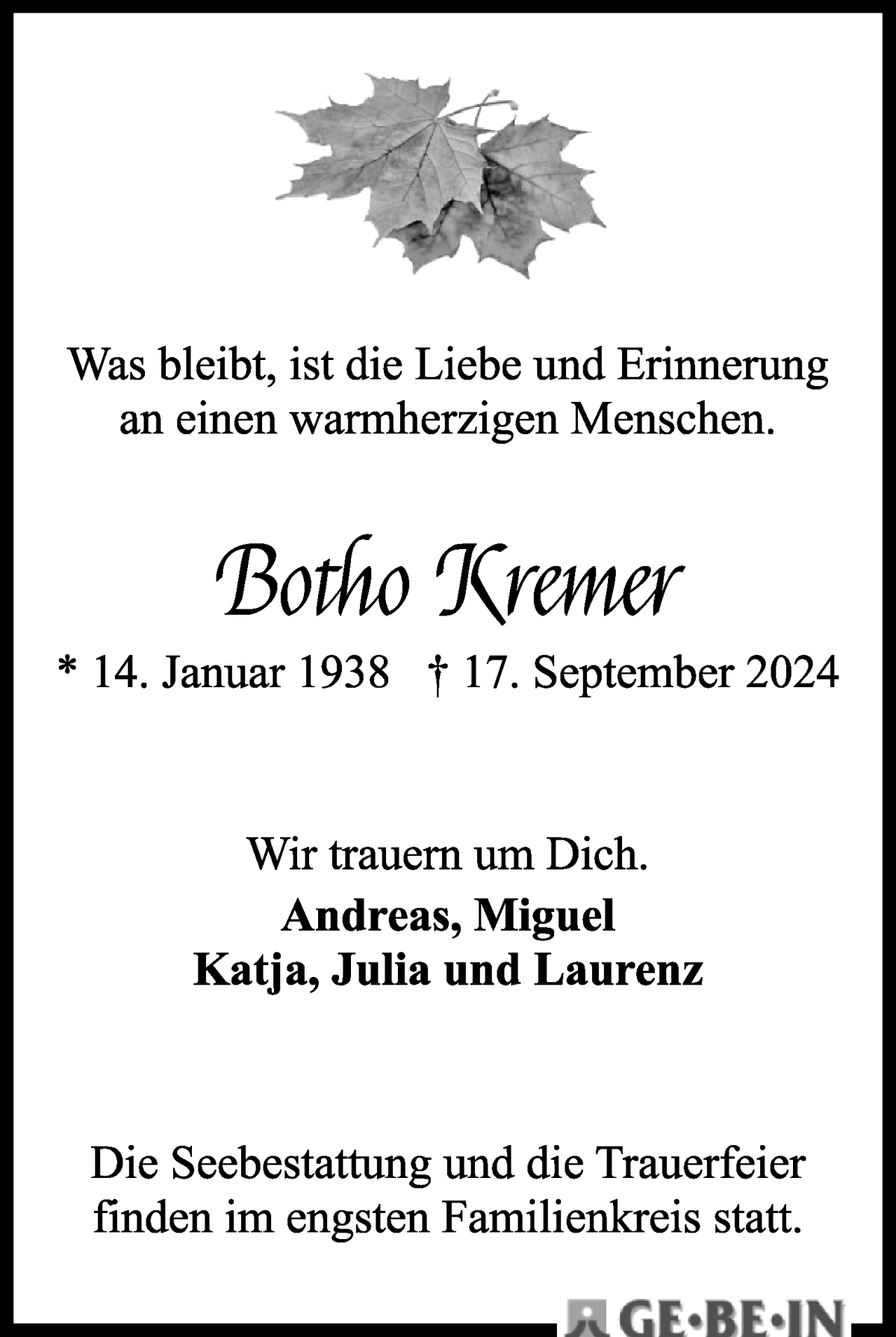 Traueranzeige von Botho Kremer von WESER-KURIER