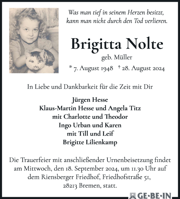 Traueranzeige von Brigitta Nolte von WESER-KURIER