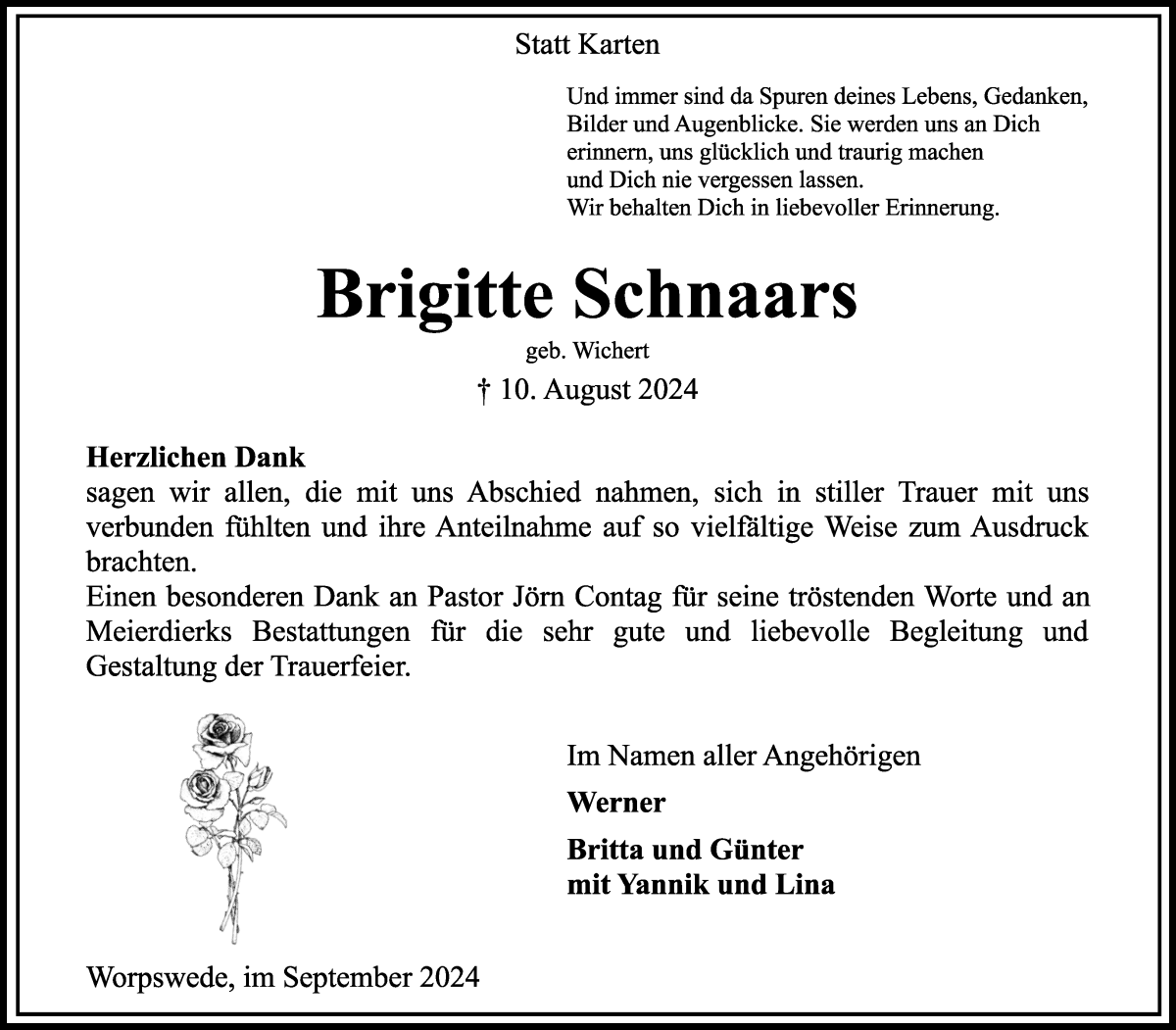 Traueranzeige von Brigitte Schnaars von Wuemme Zeitung