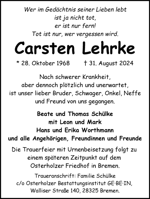 Traueranzeige von Carsten Lehrke von WESER-KURIER