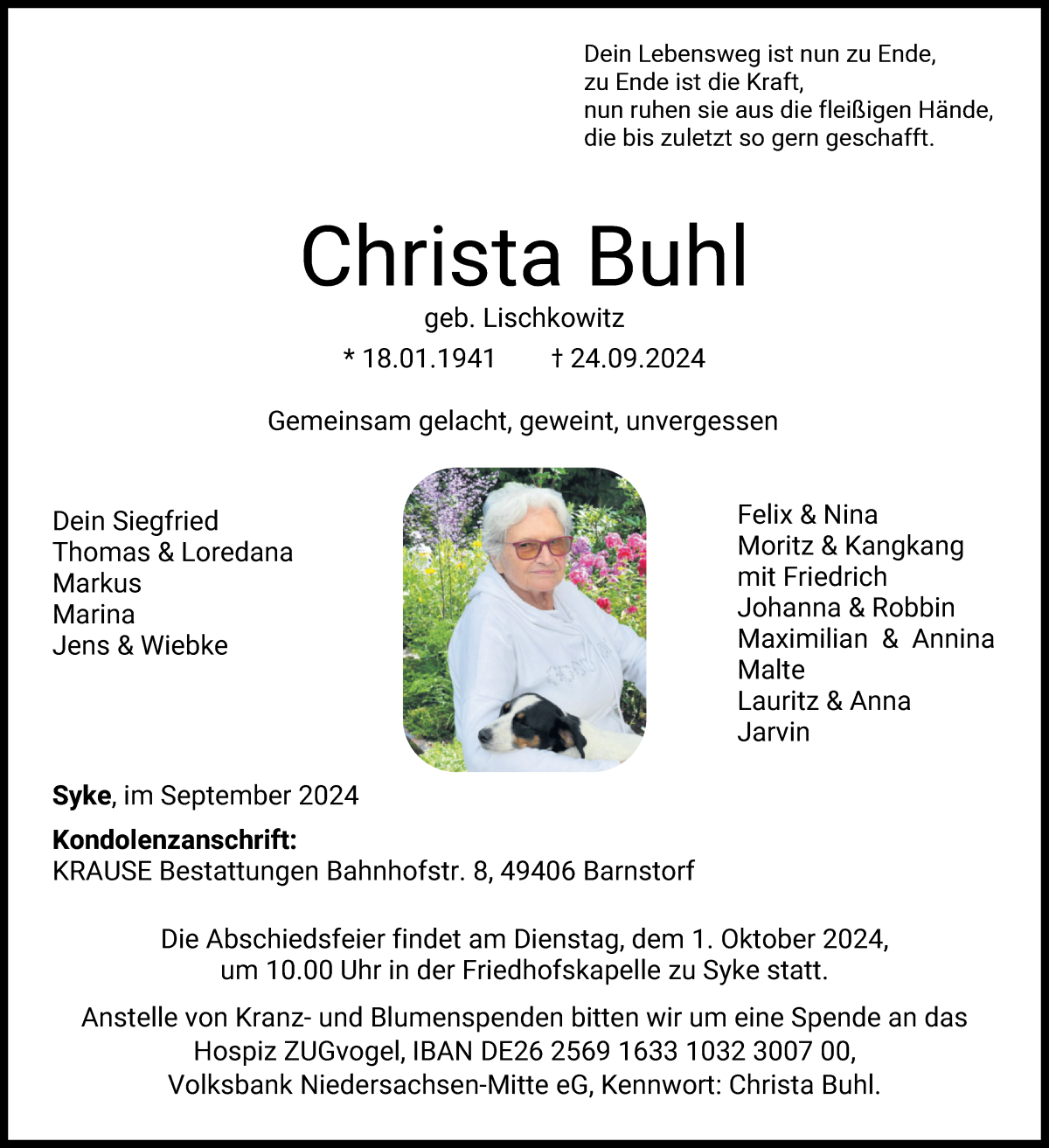 Traueranzeige von Christa Buhl von WESER-KURIER