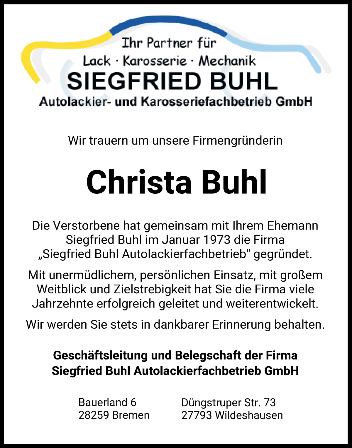 Traueranzeige von Christa Buhl von WESER-KURIER