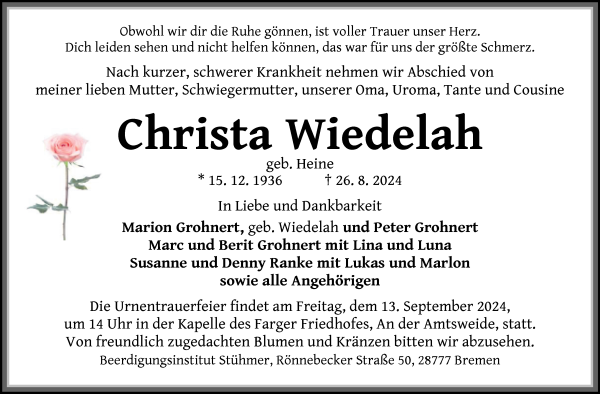 Traueranzeige von Christa Wiedelah von Die Norddeutsche