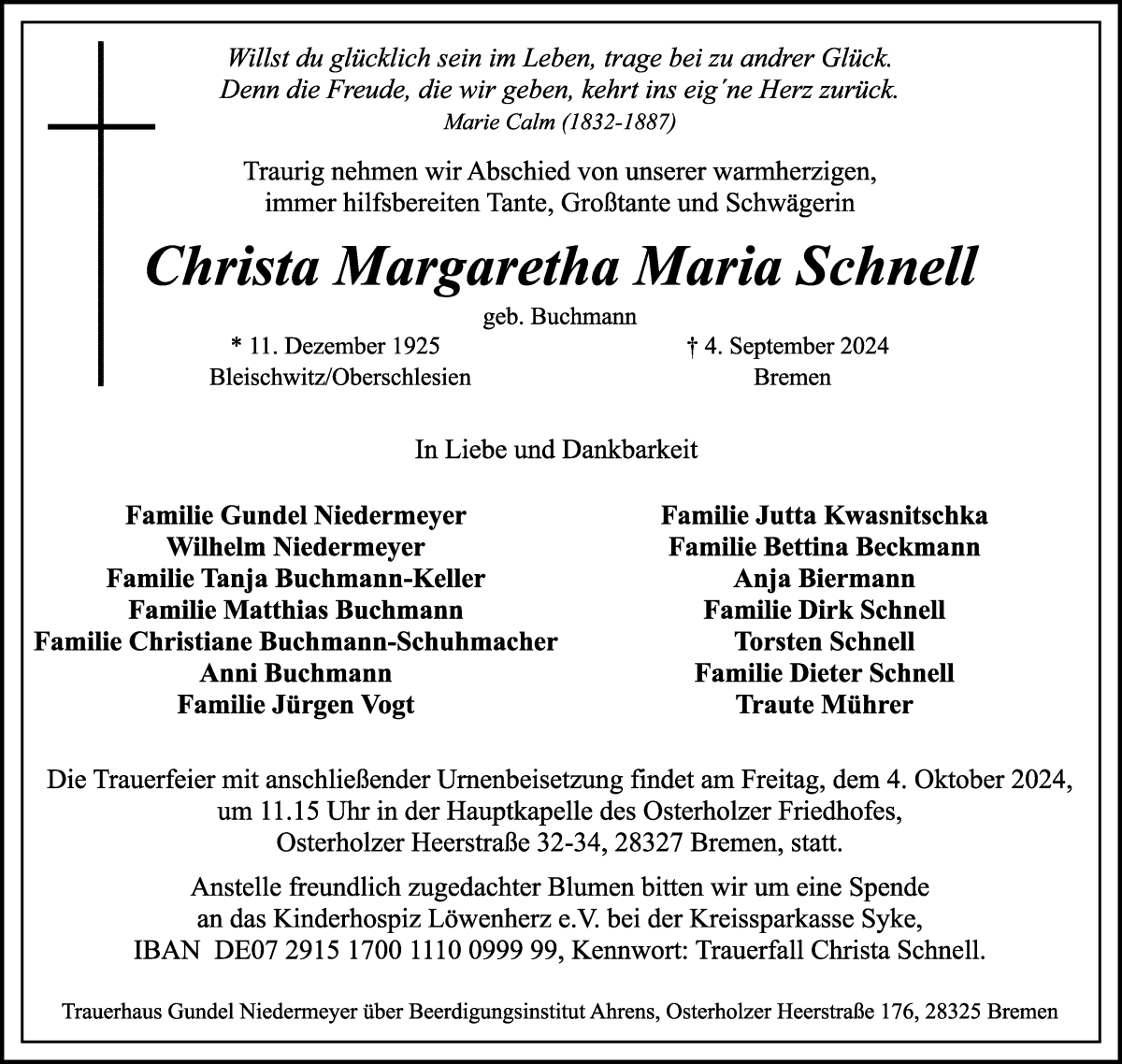 Traueranzeige von Christa Margaretha Maria Schnell von WESER-KURIER