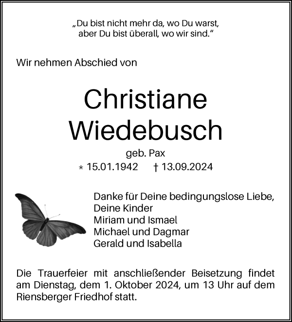 Traueranzeige von Christiane Wiedebusch von WESER-KURIER