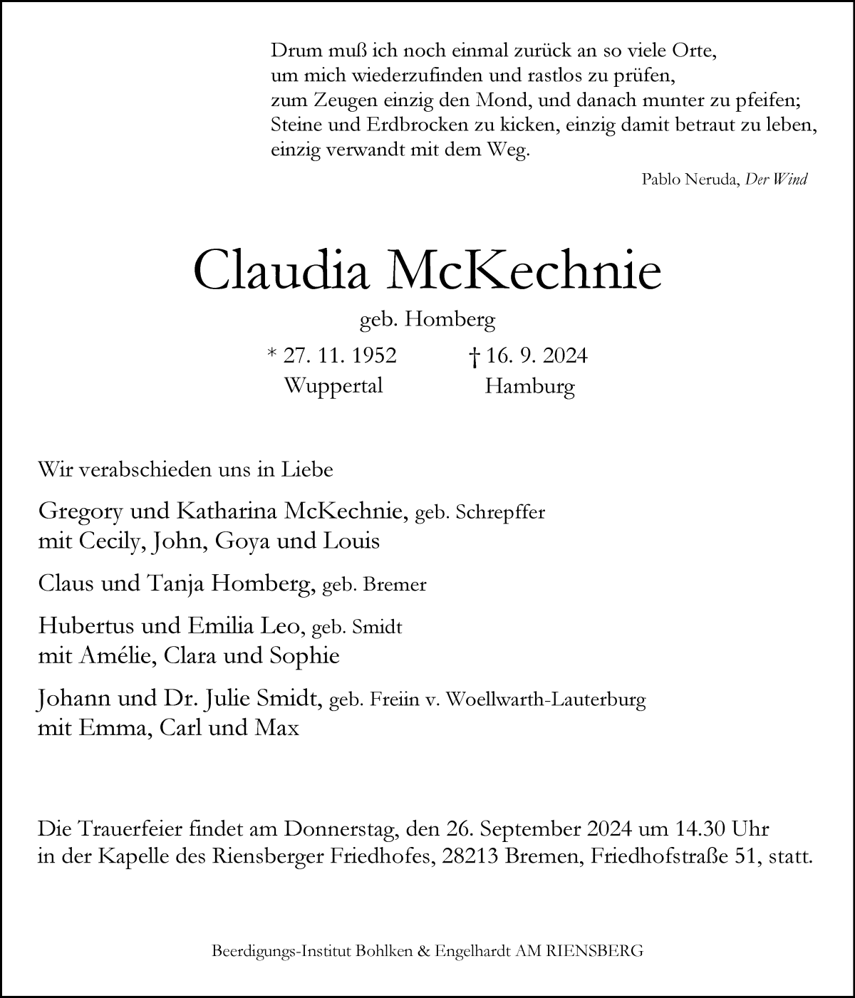 Traueranzeige von Claudia McKechnie von WESER-KURIER