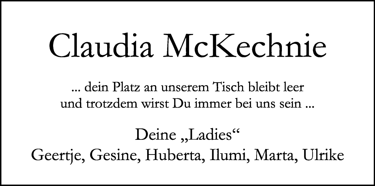 Traueranzeige von Claudia McKechnie von WESER-KURIER