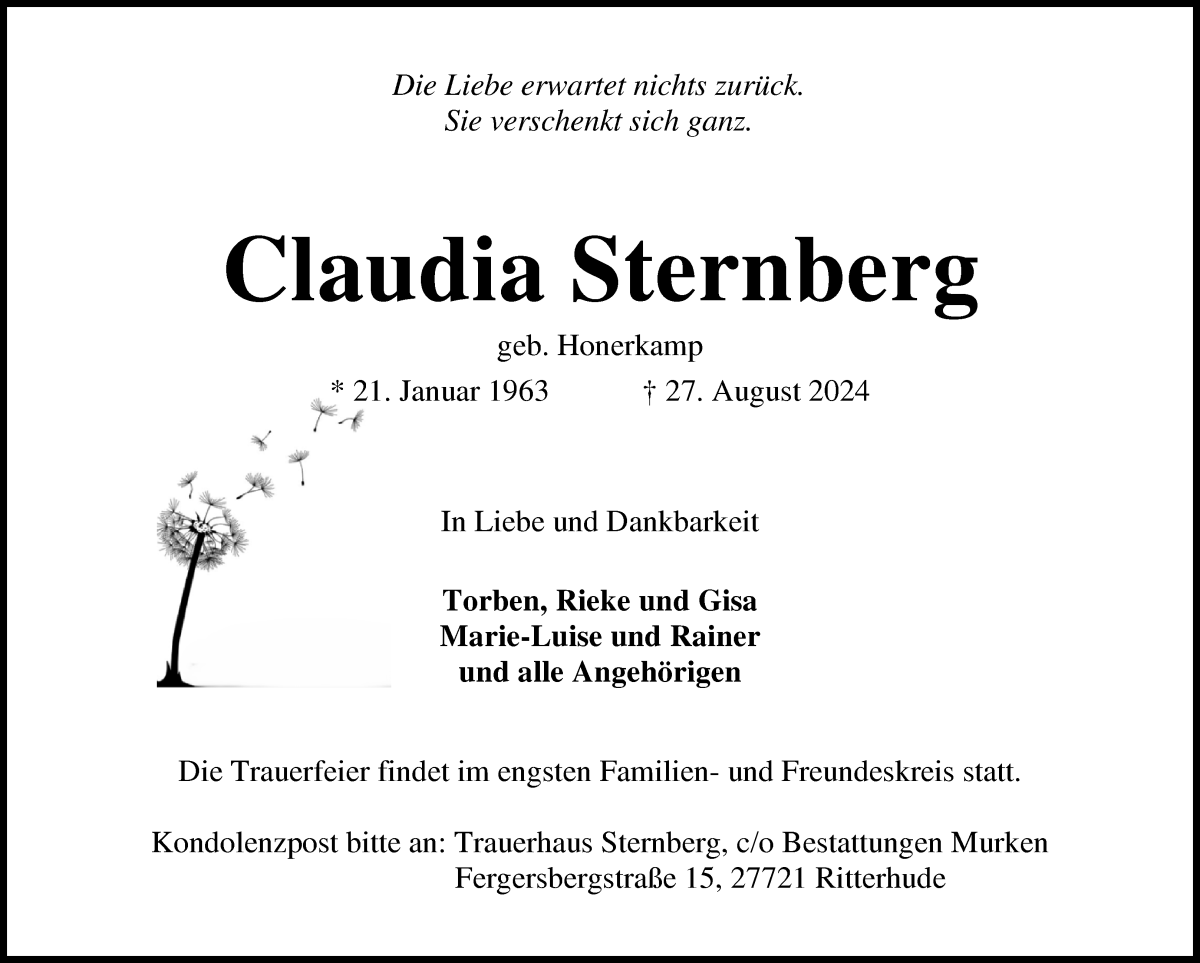 Traueranzeige von Claudia Sternberg von Osterholzer Kreisblatt