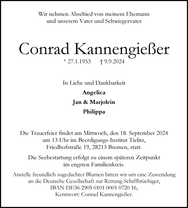 Traueranzeige von Conrad Kannengießer von WESER-KURIER