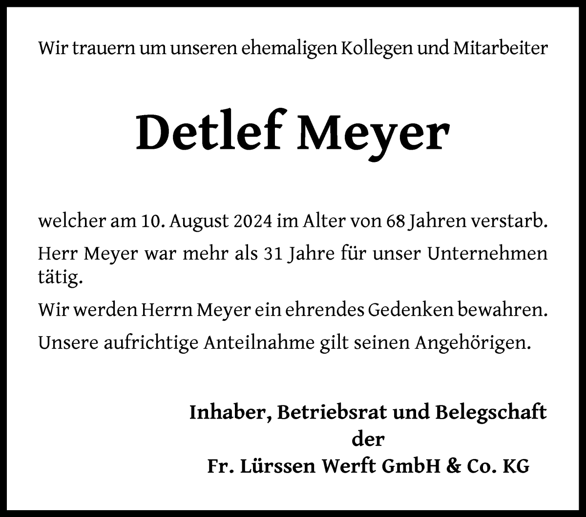 Traueranzeige von Detlef Meyer von Die Norddeutsche