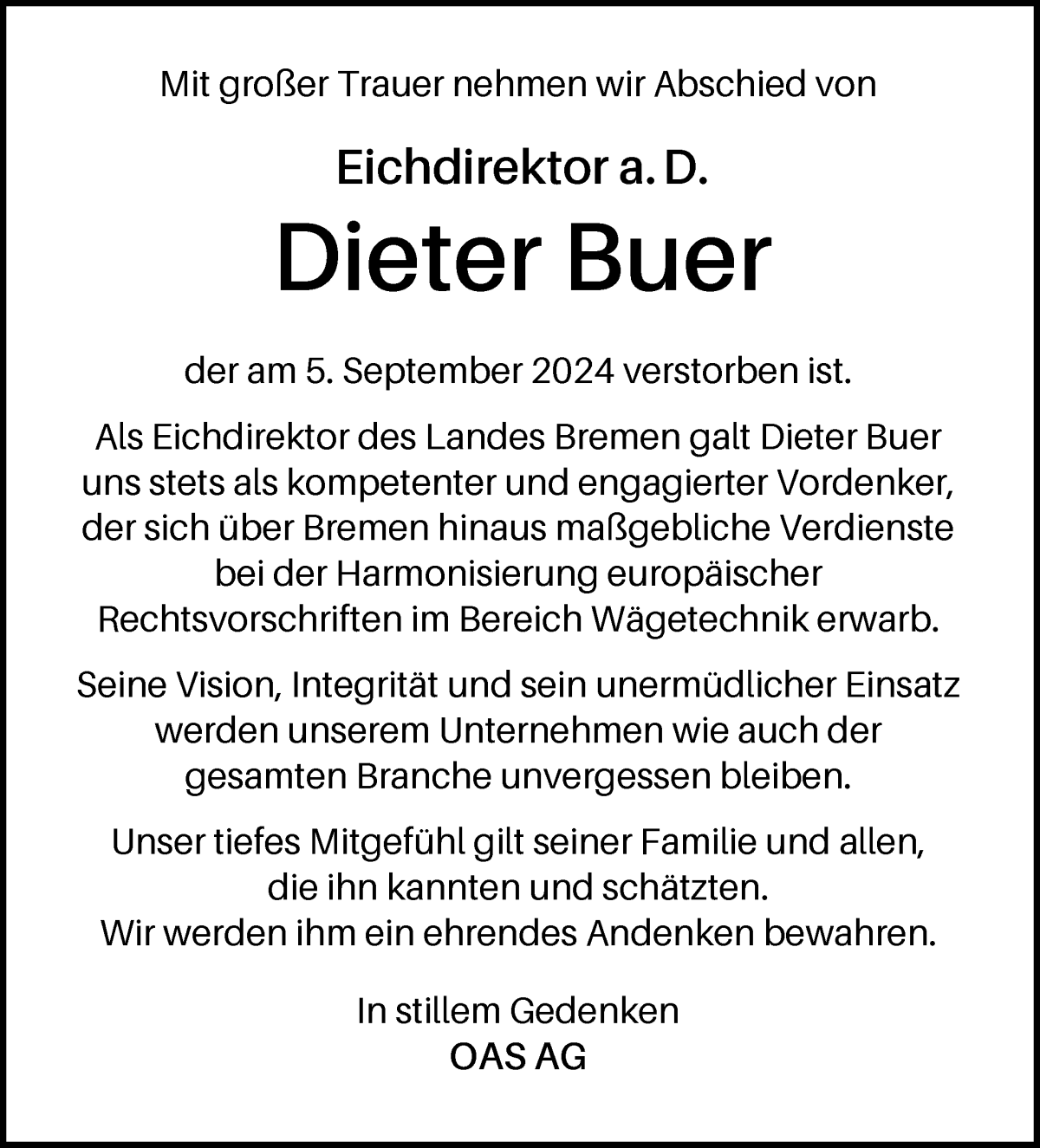 Traueranzeige von Dieter Buer von Die Norddeutsche