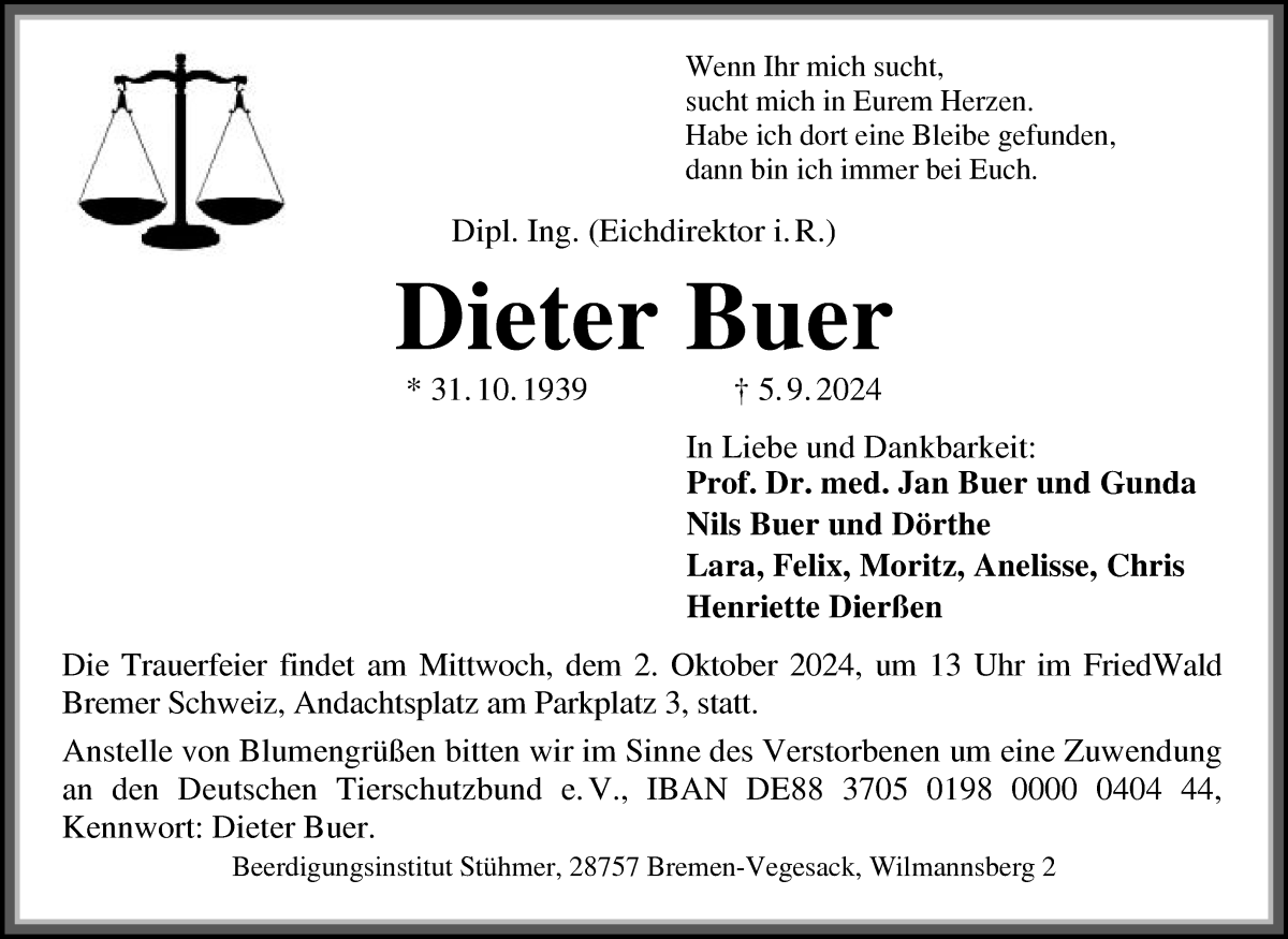 Traueranzeige von Dieter Buer von Die Norddeutsche