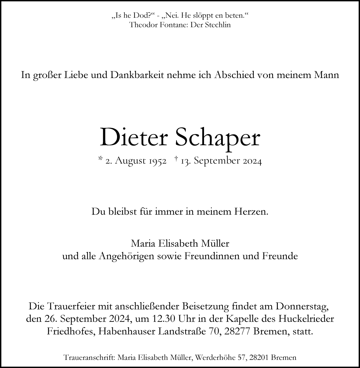 Traueranzeige von Dieter Schaper von WESER-KURIER