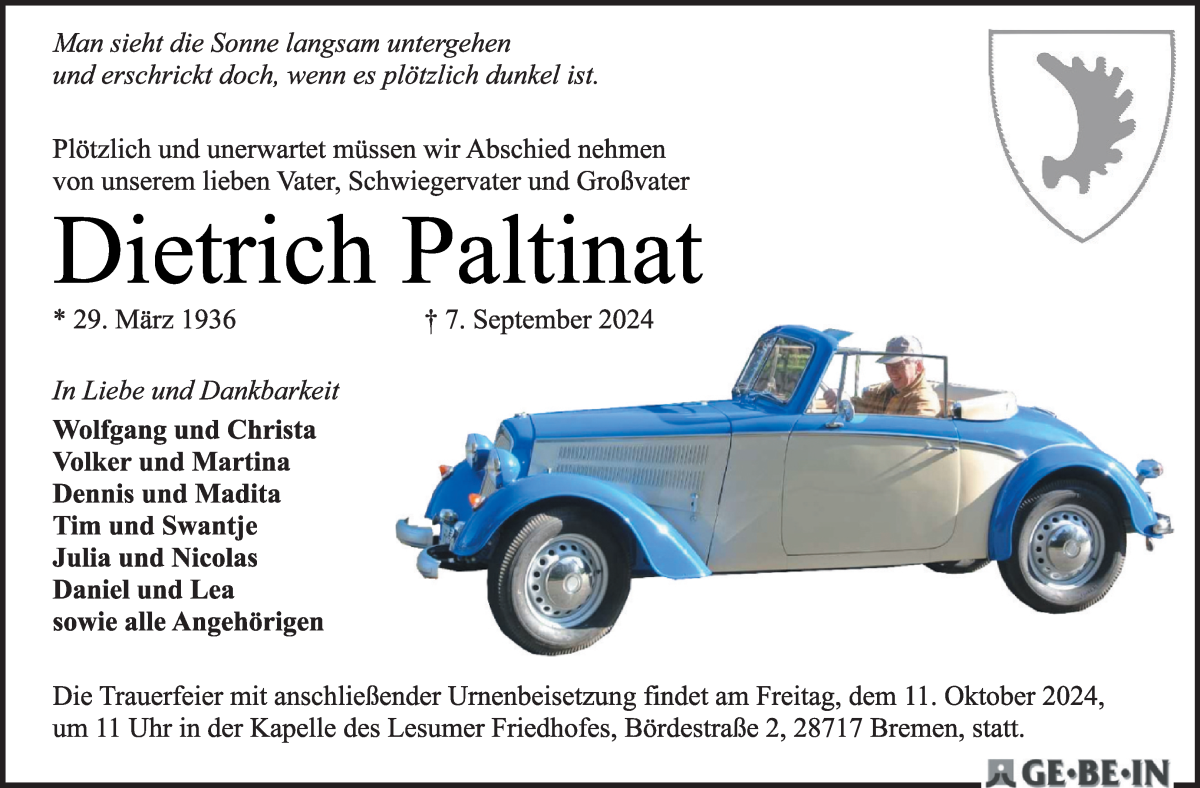 Traueranzeige von Dietrich Paltinat von Osterholzer Kreisblatt