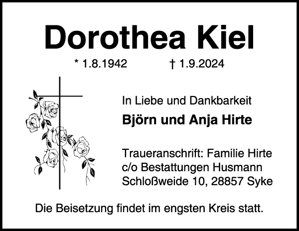 Traueranzeige von Dorothea Kiel von WESER-KURIER