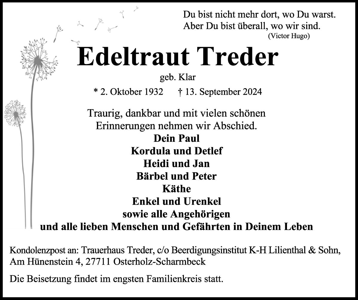 Traueranzeige von Edeltraut Treder von Osterholzer Kreisblatt