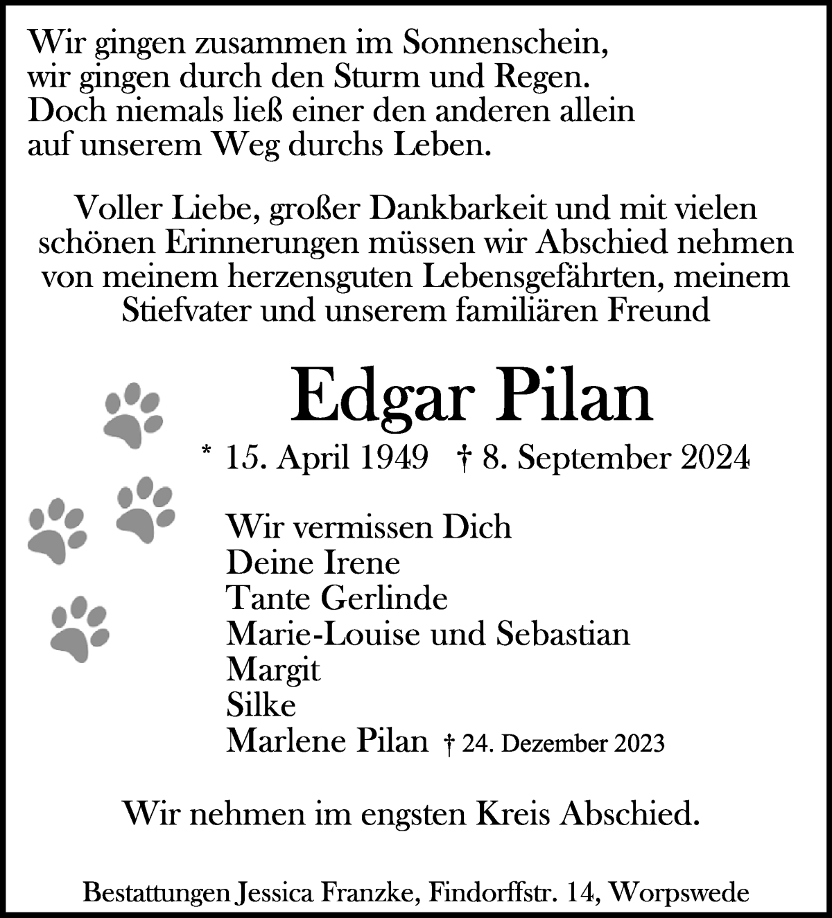 Traueranzeige von Edgar Pilan von WESER-KURIER