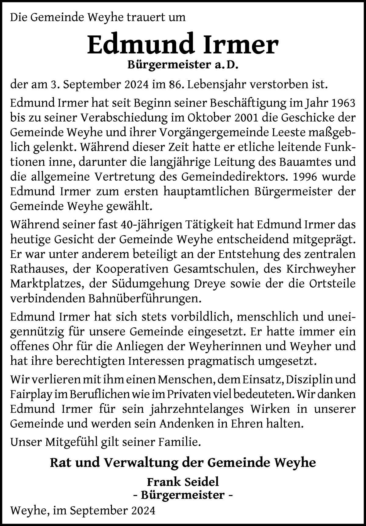 Traueranzeige von Edmund Irmer von Regionale Rundschau/Syker Kurier