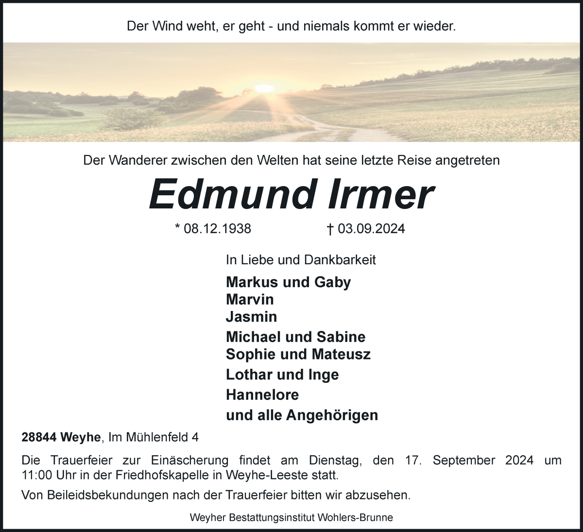 Traueranzeige von Edmund Irmer von Regionale Rundschau/Syker Kurier