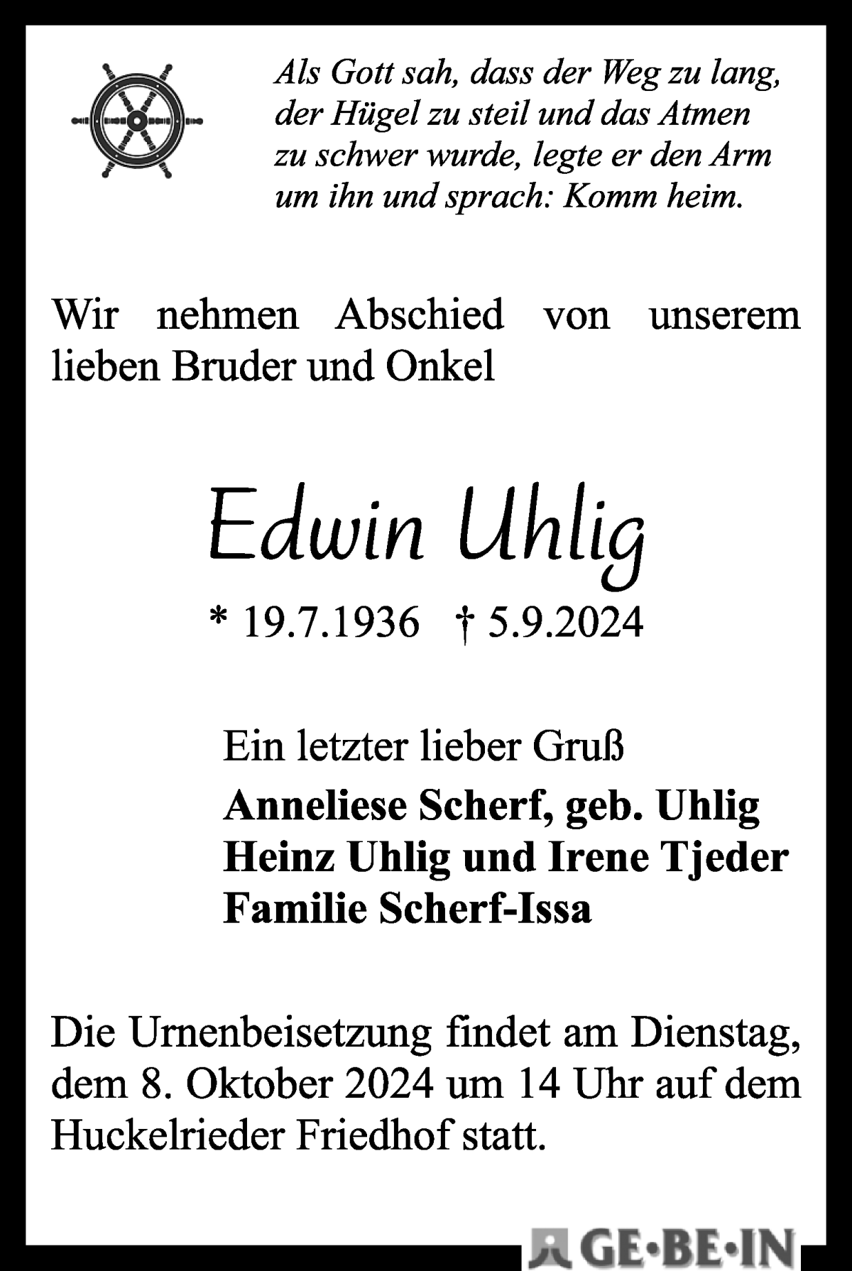 Traueranzeige von Edwin Uhlig von WESER-KURIER