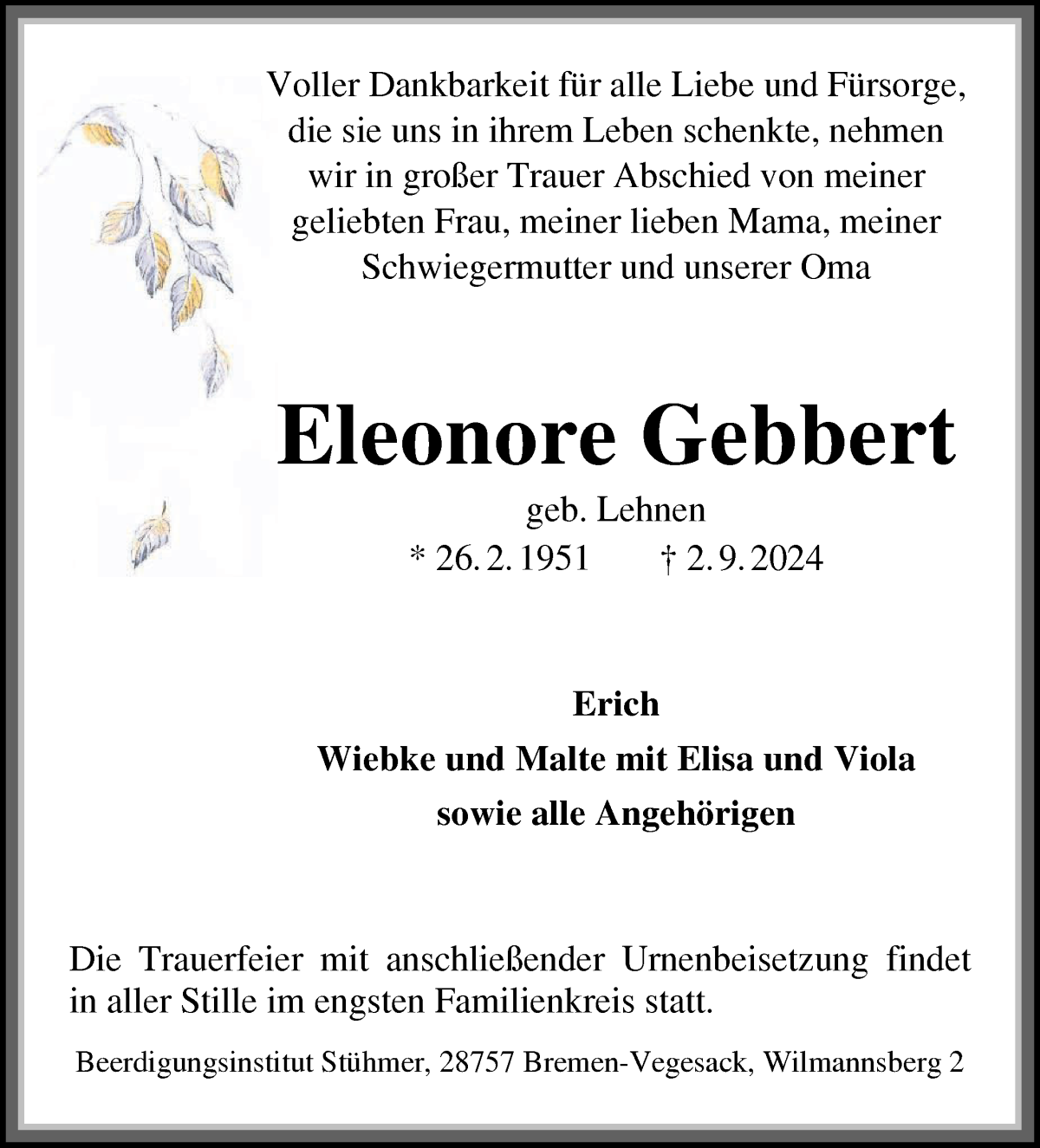 Traueranzeige von Eleonore Gebbert von Die Norddeutsche