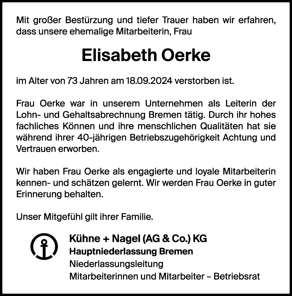 Traueranzeige von Elisabeth Oerke von WESER-KURIER