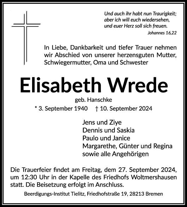 Traueranzeige von Elisabeth Wrede von WESER-KURIER