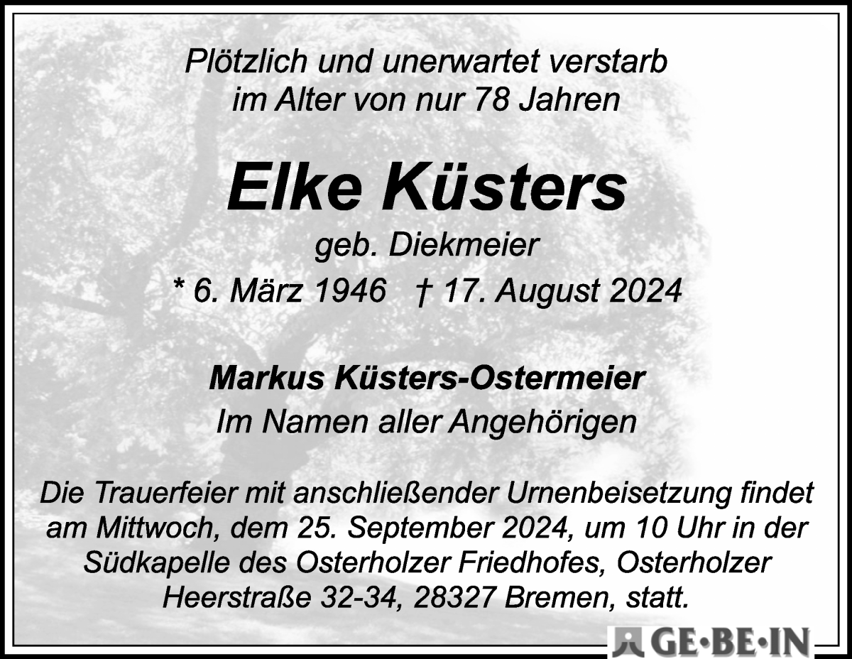 Traueranzeige von Elke Küsters von WESER-KURIER