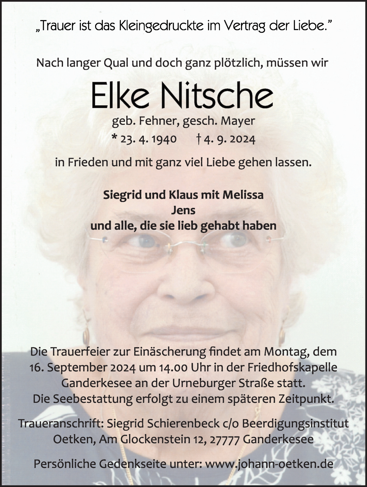 Traueranzeige von Elke Nitsche von WESER-KURIER