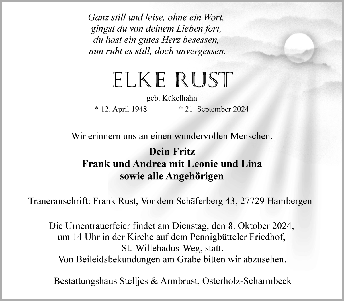 Traueranzeige von Elke Rust von Osterholzer Kreisblatt