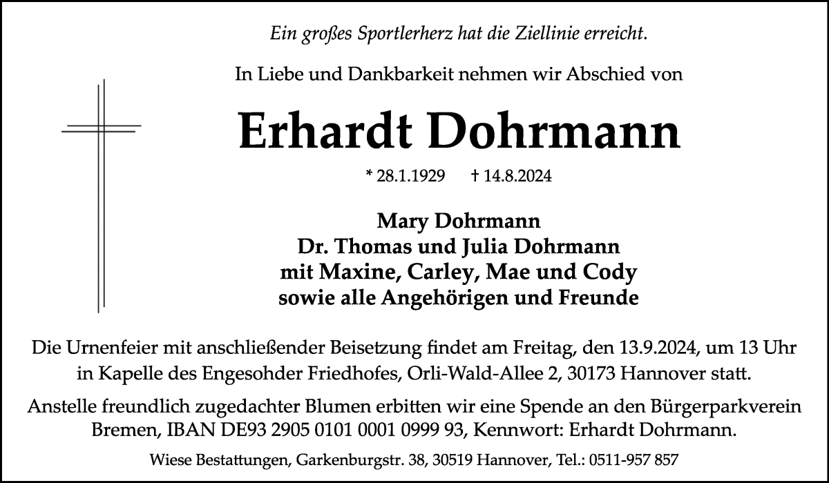 Traueranzeige von Erhardt Dohrmann von WESER-KURIER