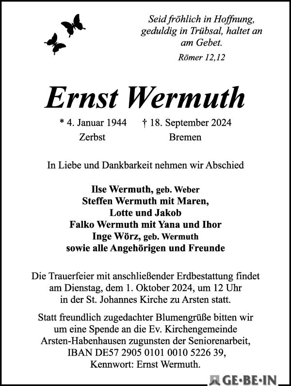 Traueranzeige von Ernst Wermuth von WESER-KURIER