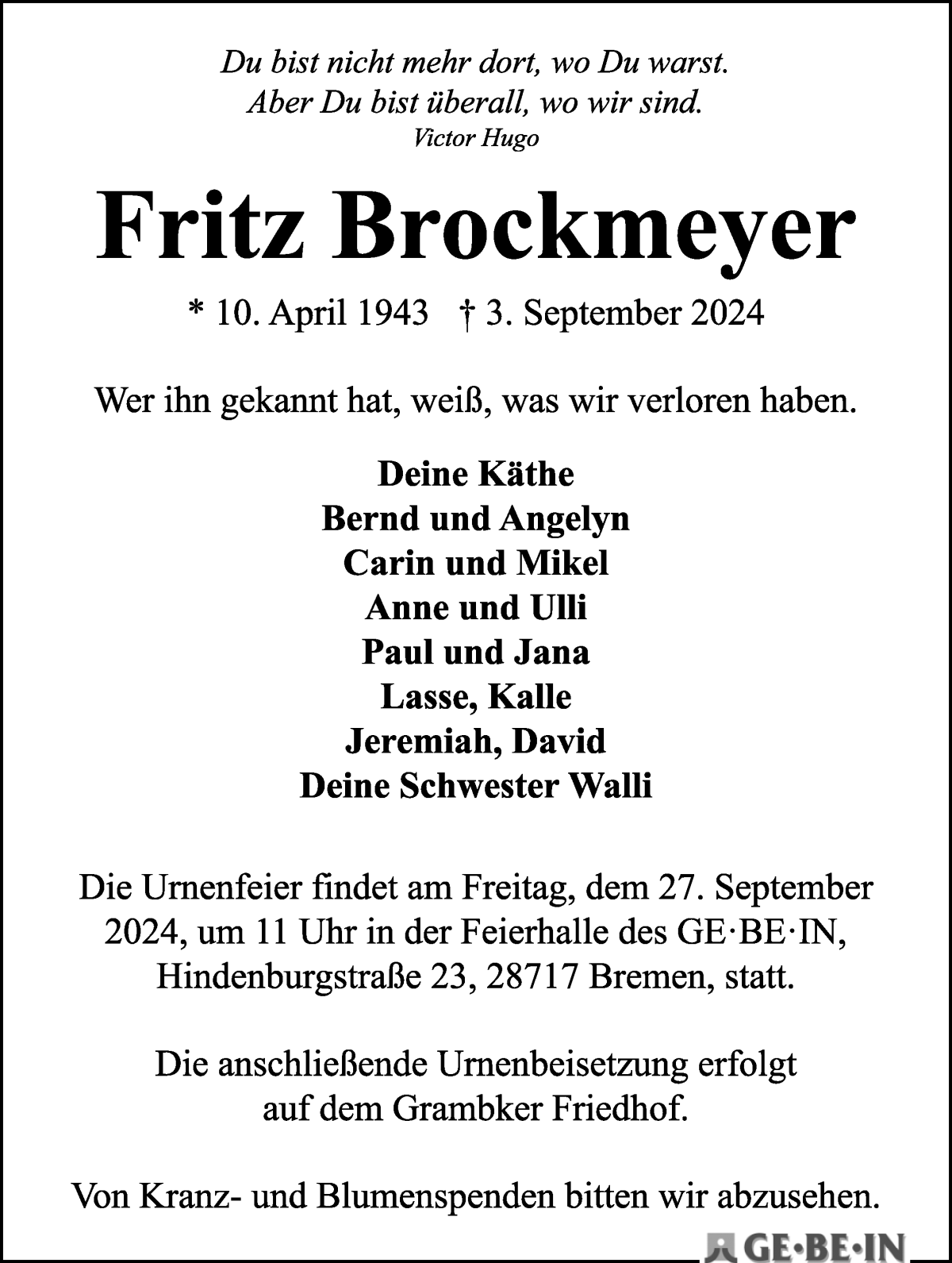 Traueranzeige von Friedrich Brockmeyer von WESER-KURIER