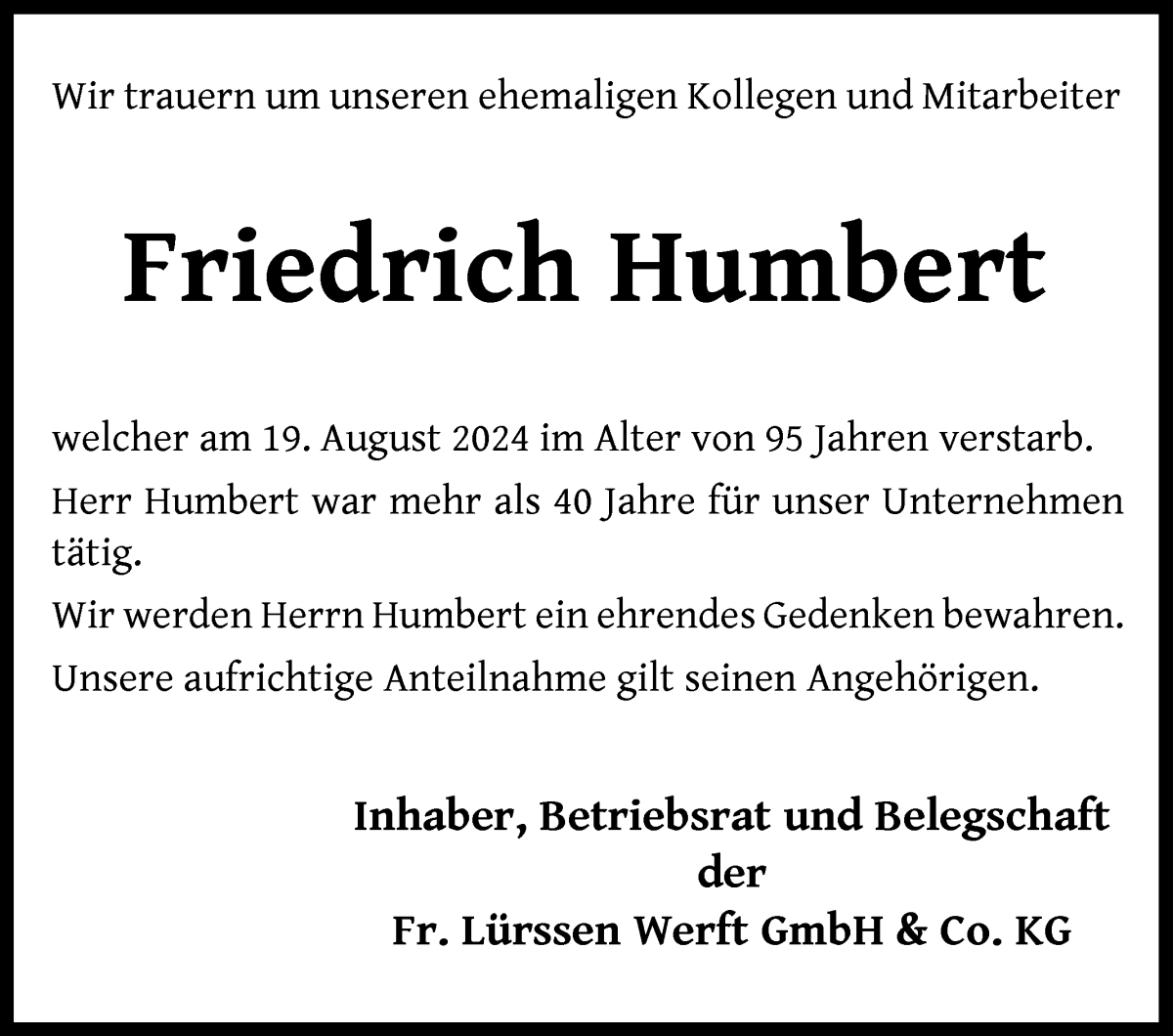 Traueranzeige von Friedrich Humbert von Die Norddeutsche