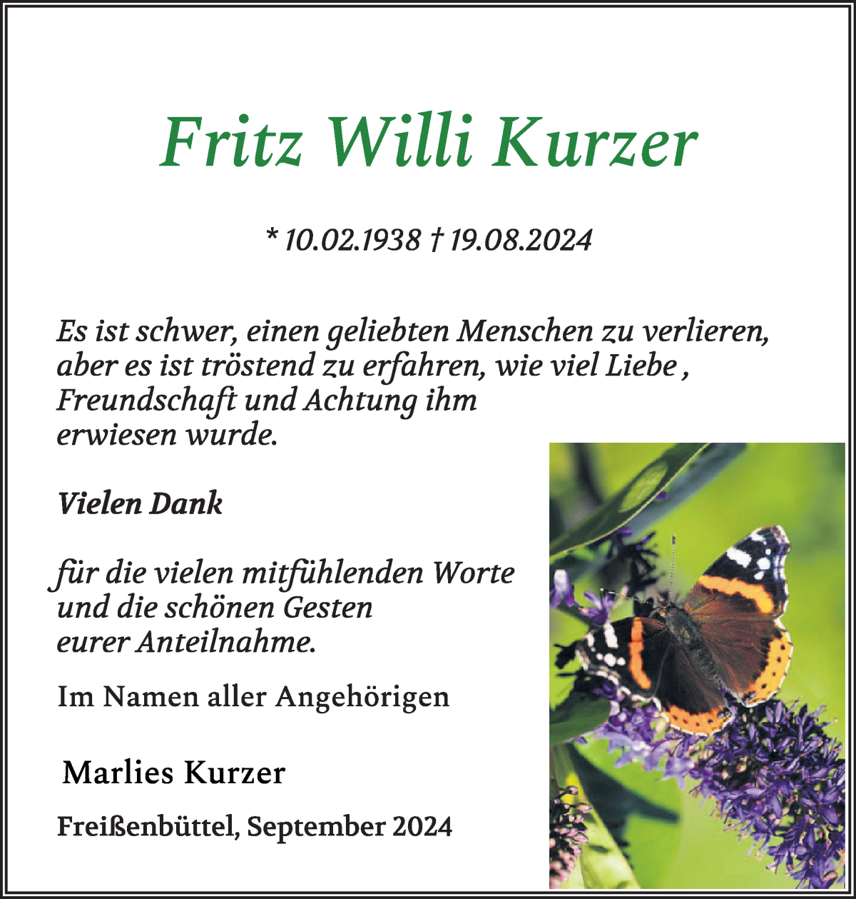 Traueranzeige von Fritz Willi Kurzer von Osterholzer Kreisblatt